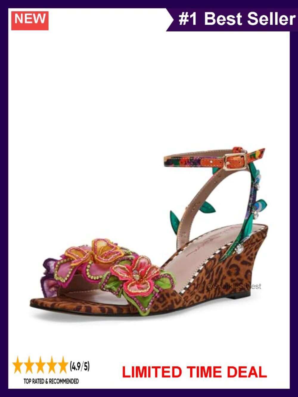 Woven Platform Wedge Sandal with Ankle Strap and Beaded Floral Embellishments
